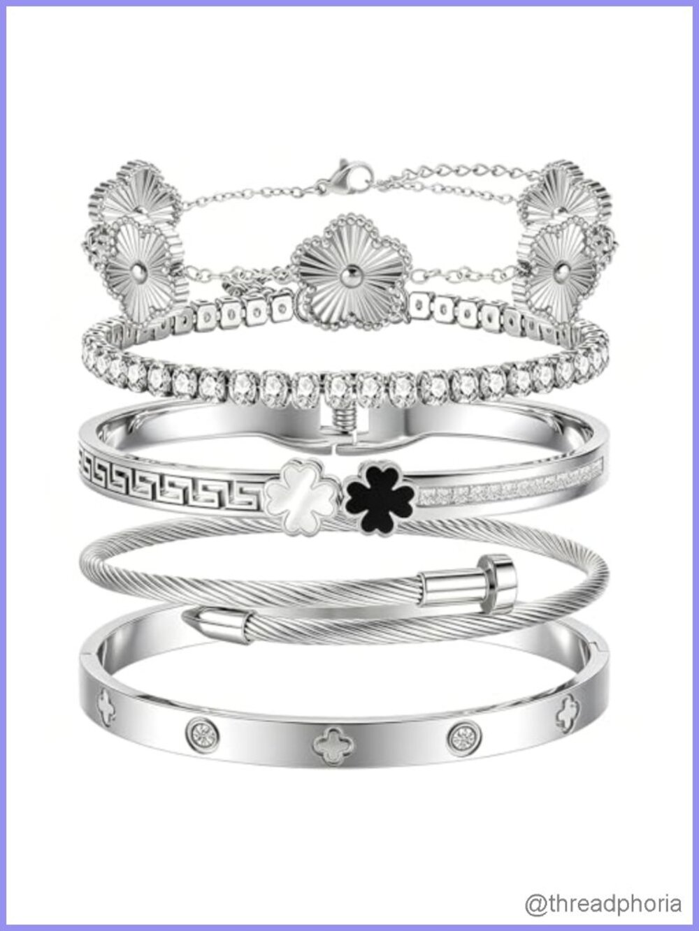 Stainless Steel Bangle Bracelets 5 Piece Stackable Clover Charm Set Women's